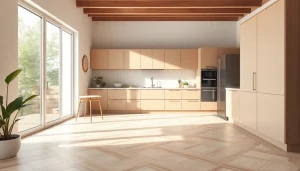 Cuisine moderne élégante avec un beau carrelage et un éclairage naturel.