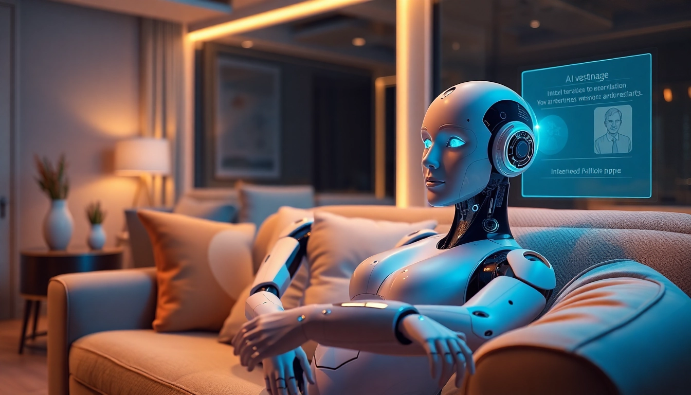 Realistic sex bot showcasing advanced AI features in a modern, intimate setting