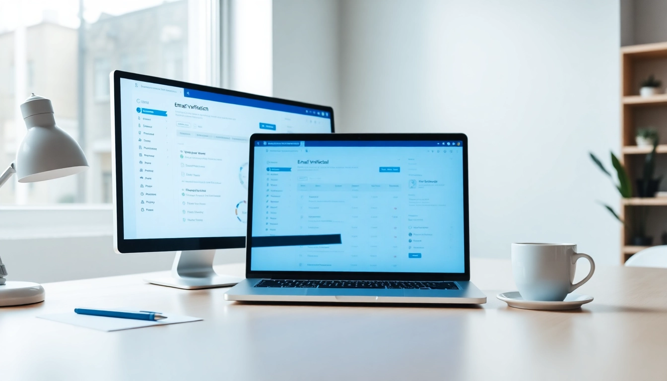 Vérification d'e-mails en ligne présentée sur un bureau moderne équipé d'outils numériques