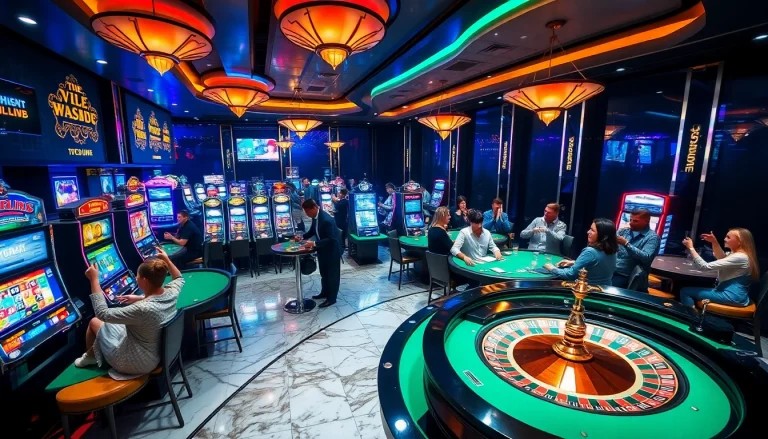 A vibrant casino scene showcasing gambling excitement at https://topclub.space/ with slot machines and poker tables.