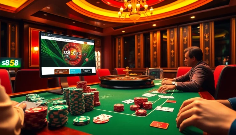Players enjoying a poker game at a lavish casino table at https://s8s8.org/ with vibrant chips and cards.
