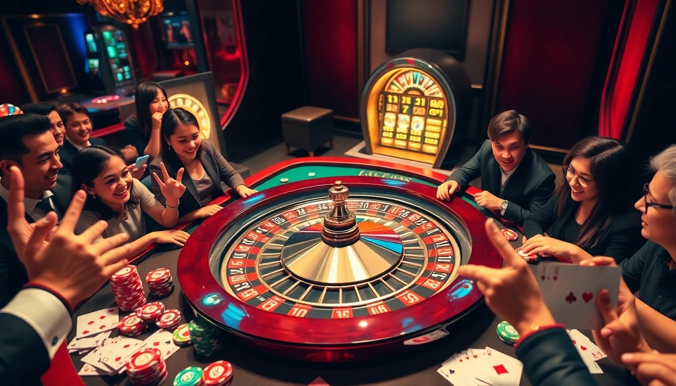 Exciting players at a luxurious casino table, highlighting the thrill of lc88.my gambling experience.