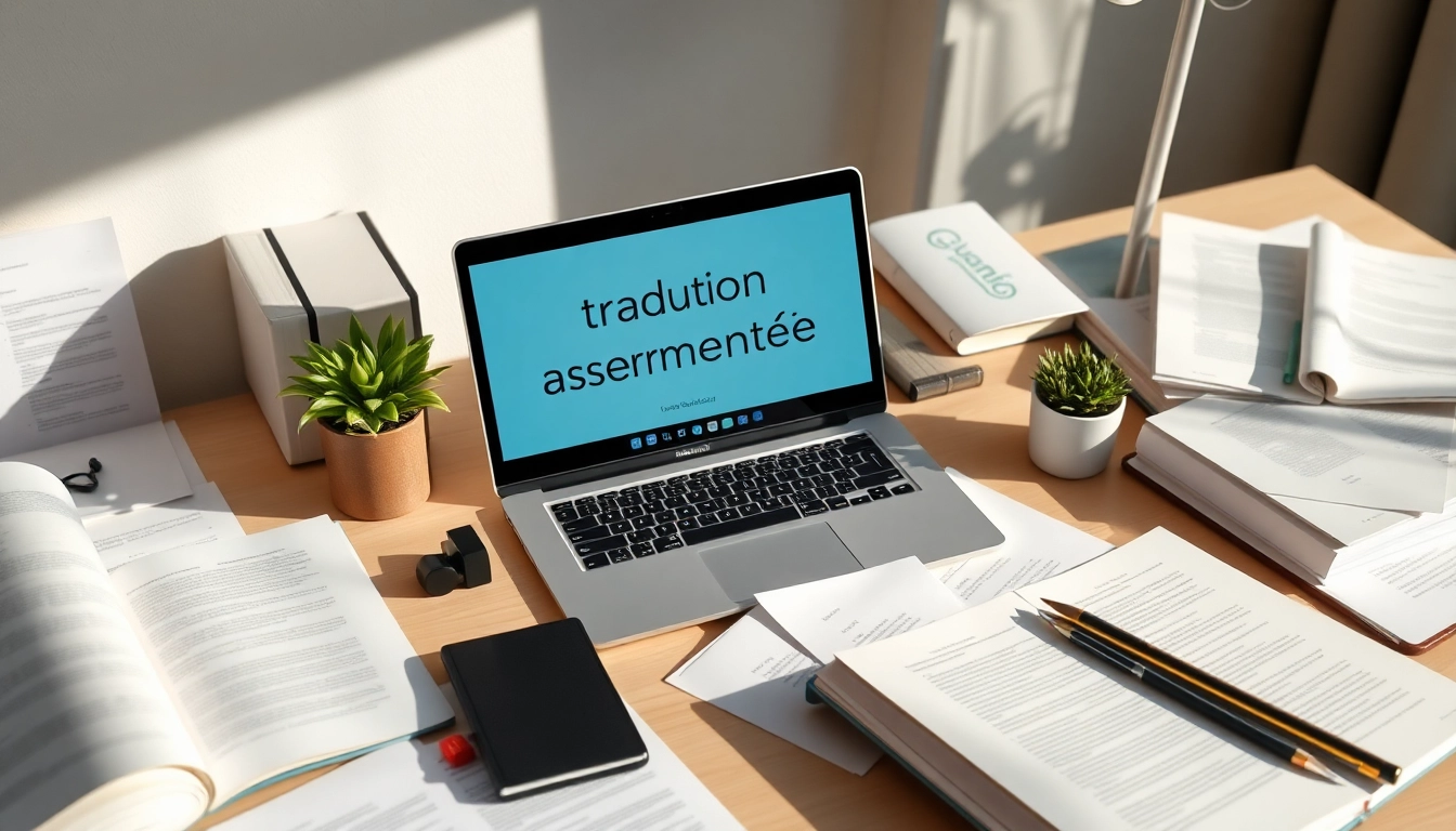 Espace de travail professionnel pour la traduction assermentée, avec des documents juridiques et des outils de traduction.