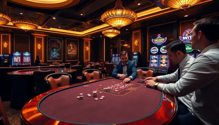 IWIN68 poker table garnished with vibrant chips, rolls of cash, and a whirling roulette wheel.