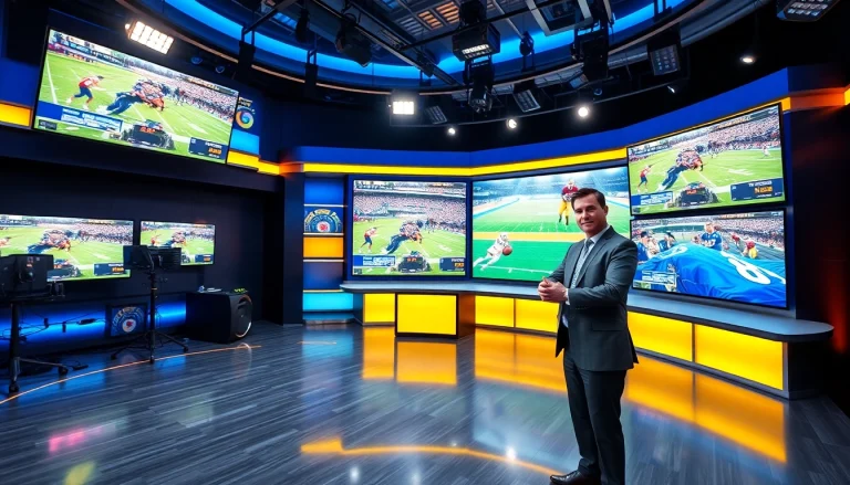 Live sports broadcasting anchor in a modern studio highlighting Sports Broadcasting.