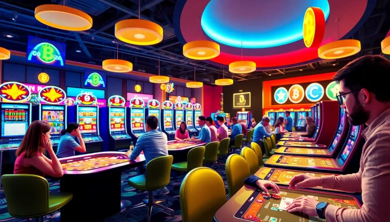 Découvrez les crypto casinos avec des joueurs engagés dans une ambiance lumineuse et vibrante.
