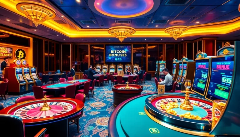 Exciting gaming atmosphere at Bitcoin casinos with poker tables and slot machines.