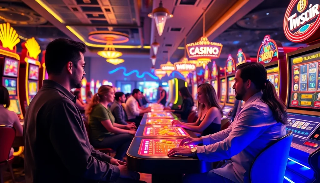 Visiteurs séduits par le meilleur crypto casino, s'amusant avec des machines à sous et des jeux de table.