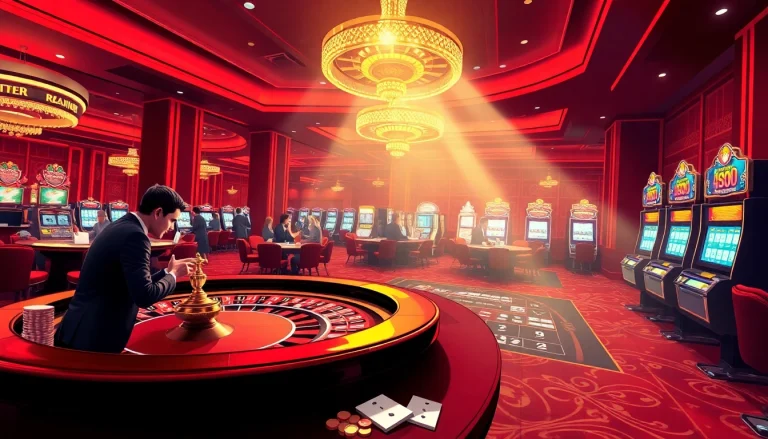 Players enjoying games at Bk33 casino, showcasing a vibrant gambling atmosphere with roulette and poker tables.