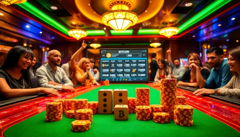 Experience thrilling gameplay at Bitcoin casinos with vibrant chips and digital interfaces.