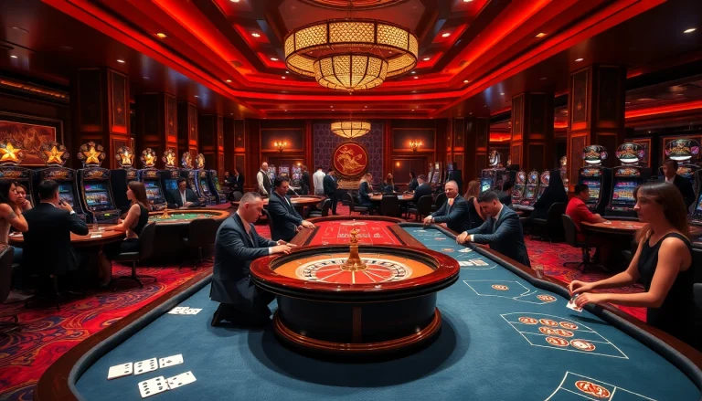 Kuwin casino showcasing an upscale gaming atmosphere with players enjoying various table games and slot machines.