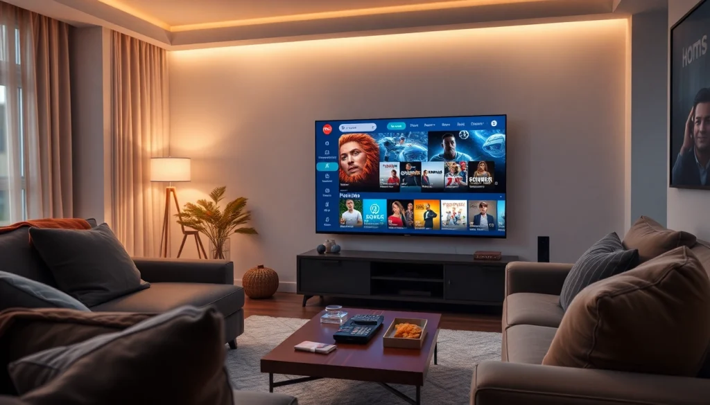 Iron TV Pro interface on a modern Smart TV in a cozy living room setting