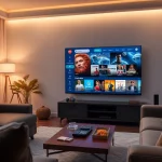 Iron TV Pro interface on a modern Smart TV in a cozy living room setting