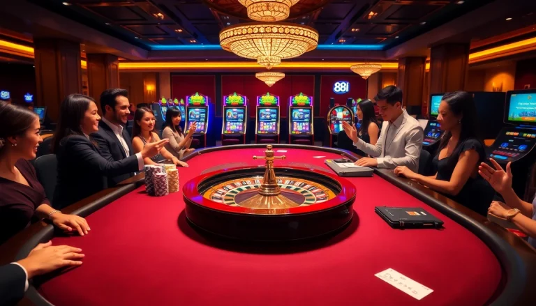 Exciting casino scene depicting blackjack at 88i with professional players and vibrant gaming elements.