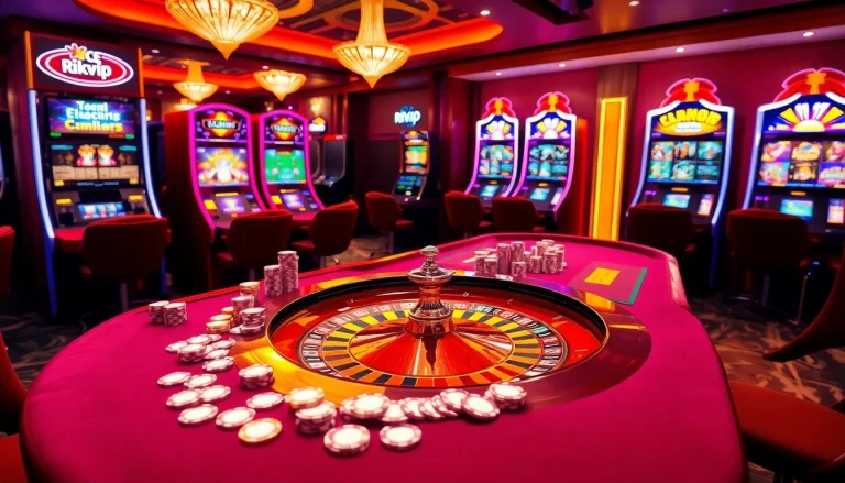 Experience the excitement of rikvip with vibrant casino elements featuring poker chips and roulette wheels.
