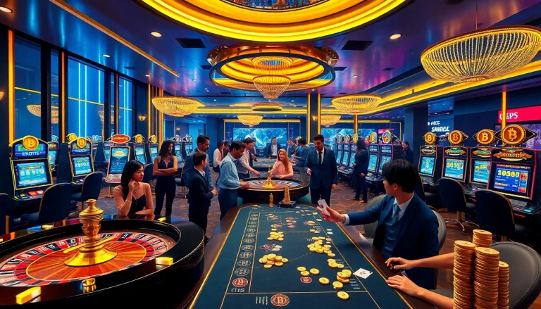 Exciting scene of players enjoying games at Bitcoin casinos with luxurious decor and vibrant atmosphere.
