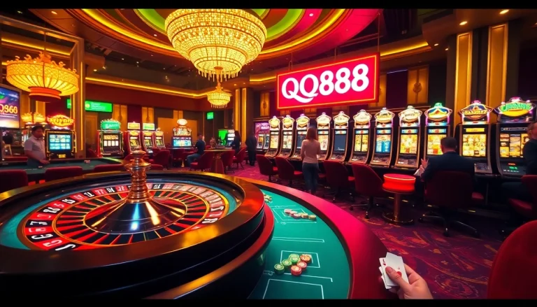 Experience the thrilling atmosphere of casino games with qq888, featuring poker tables and roulette wheels.