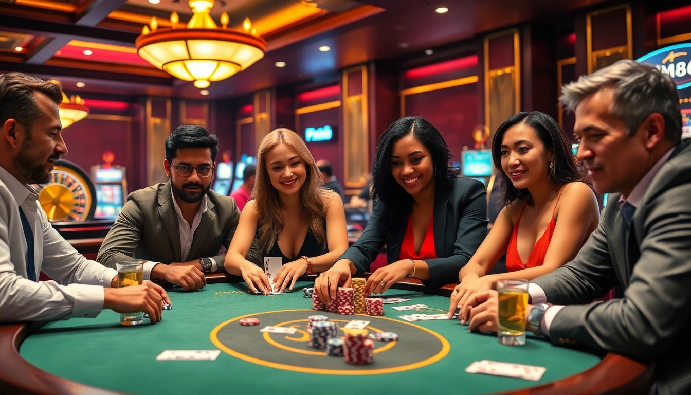 Experience the excitement of MB66 in a luxurious poker game with intense players and vibrant casino elements.