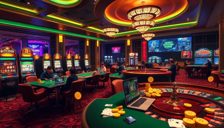 Scène captivante de casinos Bitcoin montrant des tables de jeu animées et des joueurs s'adonnant à des jeux de crypto-monnaie.