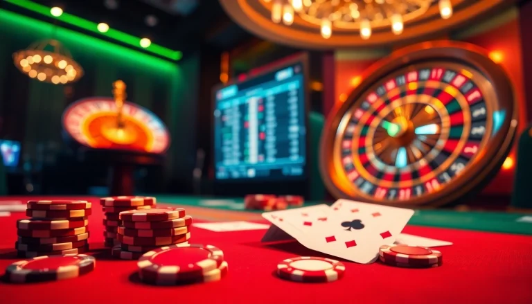 Experience thrilling gameplay at https://f8bet.dental/ with vibrant casino elements like poker chips and a roulette wheel.