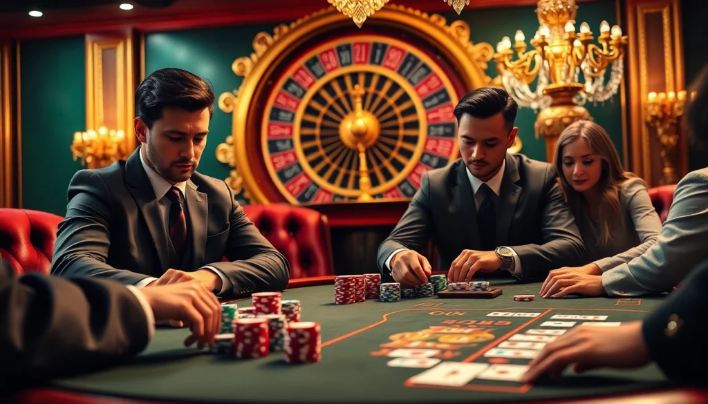 Engaging players analyze nhận định kèo nhà cái at a luxurious casino poker table, immersed in strategic betting.