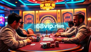 An exciting scene at a poker table showcasing the thrill of gambling at https://68vip.plus/ with vibrant chips and cards.