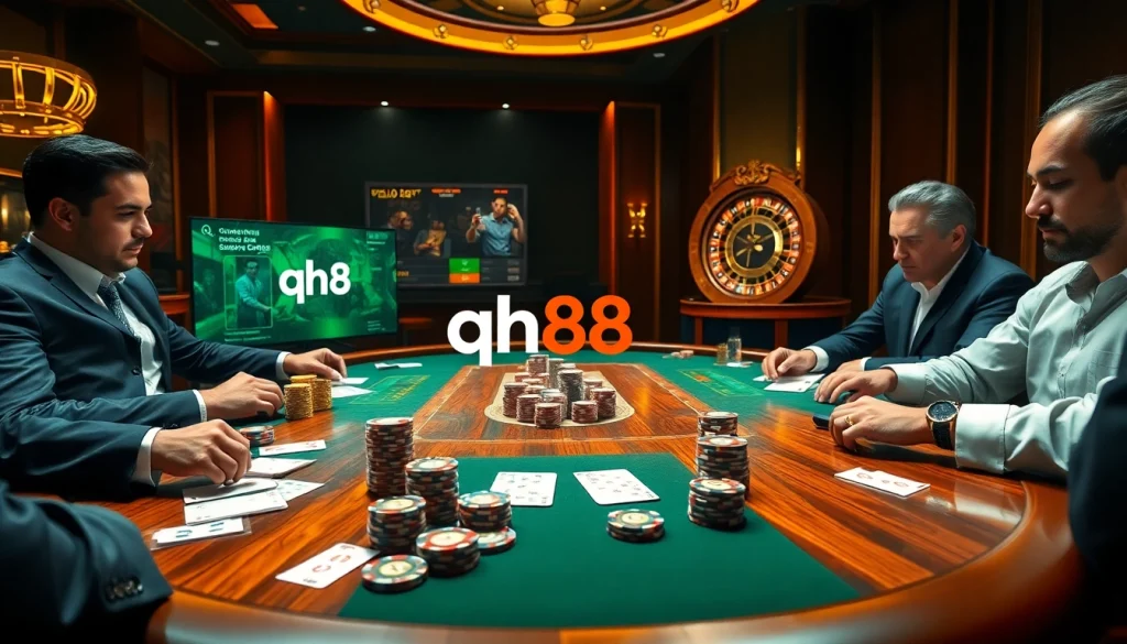 Experience the thrill of qh88 at a luxurious poker table, showcasing professional gameplay and vibrant casino elements.