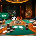 Experience the thrill of qh88 at a luxurious poker table, showcasing professional gameplay and vibrant casino elements.