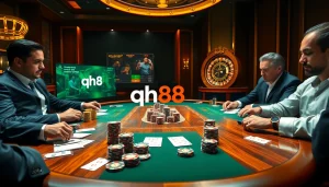 Experience the thrill of qh88 at a luxurious poker table, showcasing professional gameplay and vibrant casino elements.
