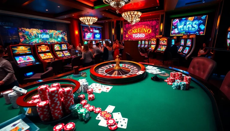 Experience the thrill of winning at TG88, featuring vibrant casino tables and colorful slot machines.