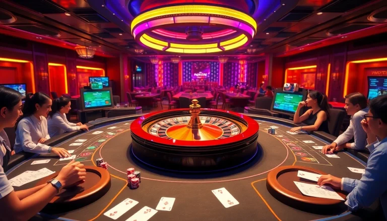 Players enjoying an engaging QQ88 online casino experience at vibrant poker tables and roulette.