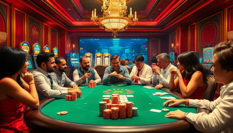 Players enjoy a thrilling game at a high-stakes poker table, embodying the spirit of OK8386 gaming.