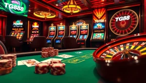Experience the excitement of gambling at TG88 with luxurious casino visuals featuring poker tables and slot machines.