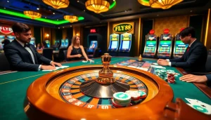 Experience the thrill of FLY 88 at a luxurious casino table filled with poker chips and cards.