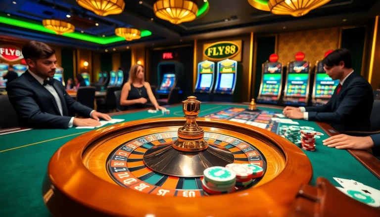 Experience the thrill of FLY 88 at a luxurious casino table filled with poker chips and cards.