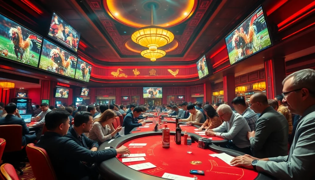 Live betting on đá gà trực tiếp at a luxurious casino, featuring high-definition screens and enthusiastic spectators.