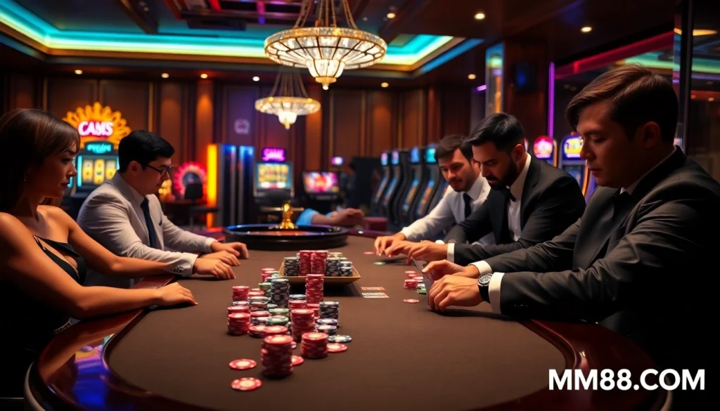 Players engaging in an intense poker game at MM88.COM casino with vibrant chips and cards.