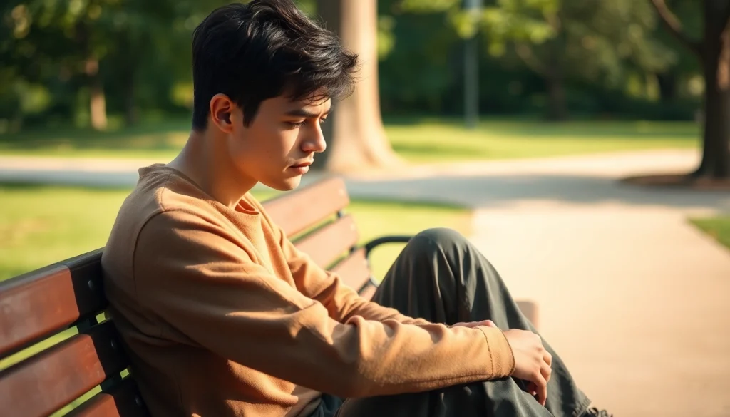 Capturing depression symptoms through a reflective individual in a tranquil park setting.