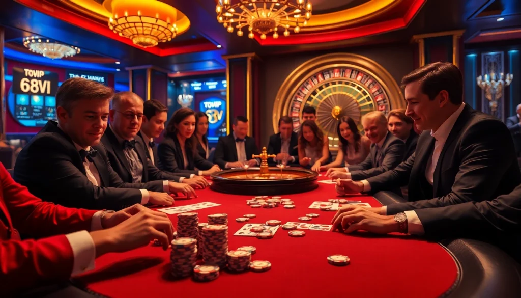 Players enjoying poker and casino games at 68VIP, with vibrant colors and excitement in the air.
