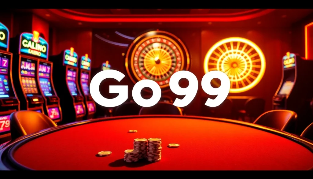 Engaging Go99 online casino scene with poker table, vibrant slot machines, and roulette wheel.