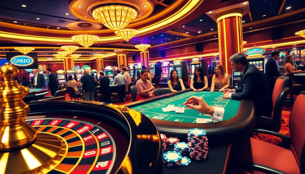 Exciting gameplay at luck8 casino featuring roulette, poker, and slot machines with vibrant atmosphere.