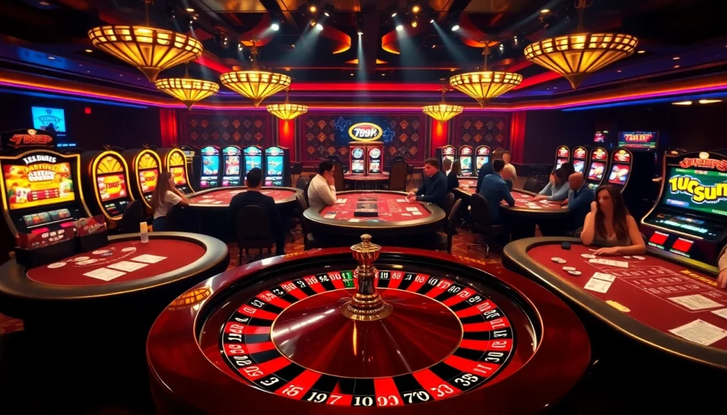 Excited players at 789P casino poker tables with vibrant atmosphere and roulette wheel.