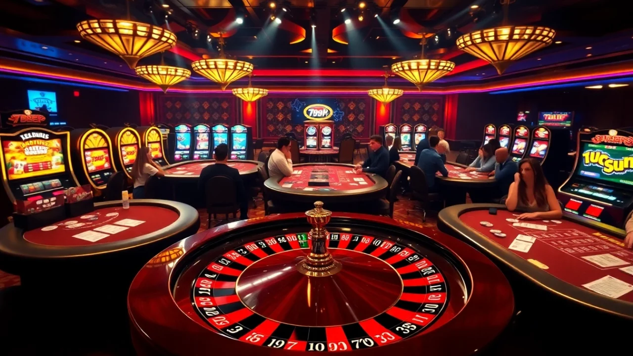 Excited players at 789P casino poker tables with vibrant atmosphere and roulette wheel.