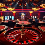 Excited players at 789P casino poker tables with vibrant atmosphere and roulette wheel.