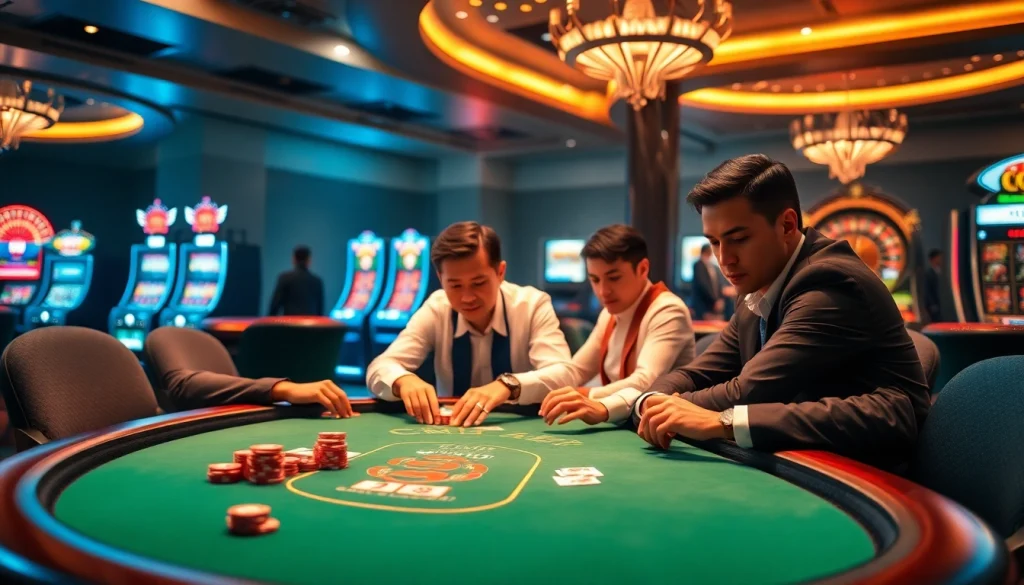 Engaging casino environment showcasing CM88 chips and players at a poker table.