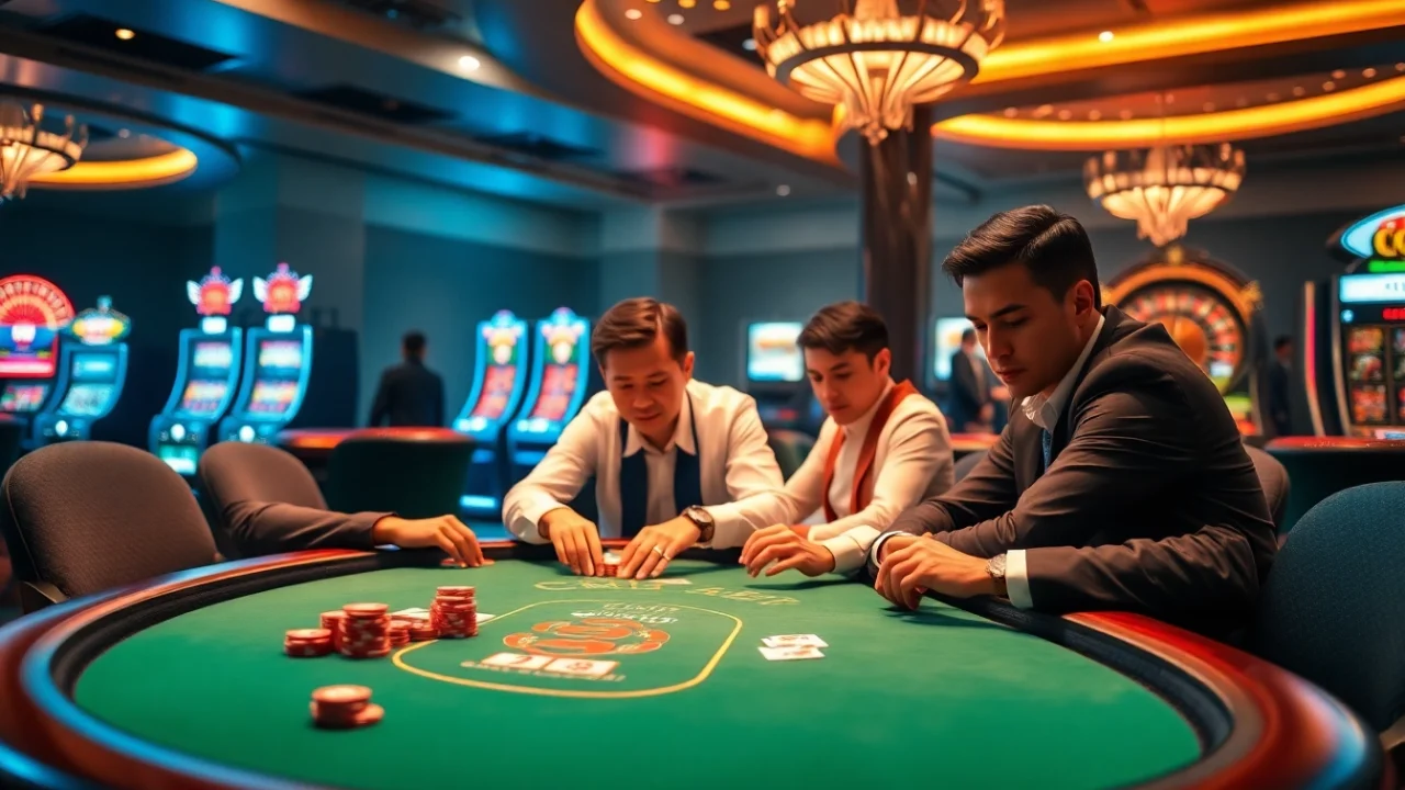 Engaging casino environment showcasing CM88 chips and players at a poker table.