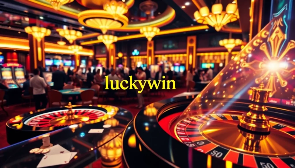 Luckywin players enjoying a thrilling casino experience with vibrant gaming tables and excitement.