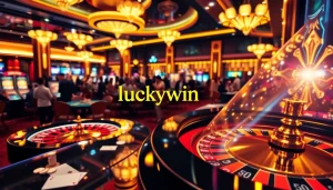 Luckywin players enjoying a thrilling casino experience with vibrant gaming tables and excitement.