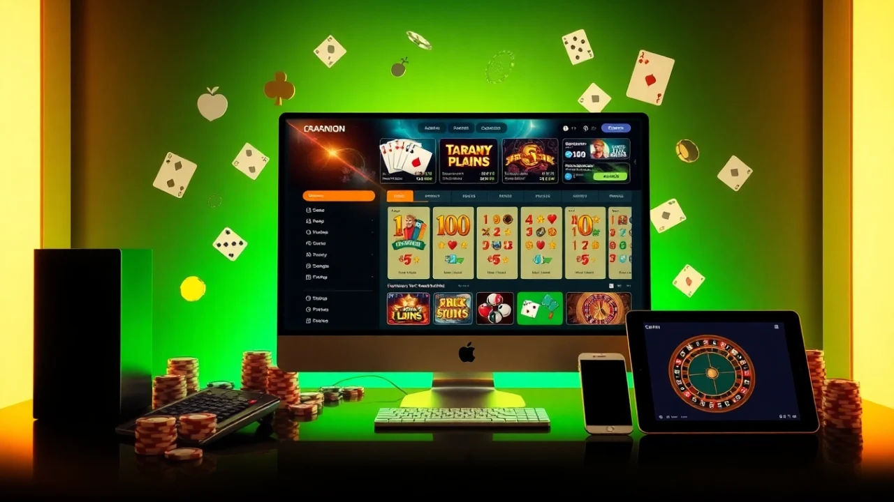 Engaging online gambling interface featuring poker and slots, emphasizing 包网 services in a luxurious setting.