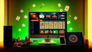 Engaging online gambling interface featuring poker and slots, emphasizing 包网 services in a luxurious setting.